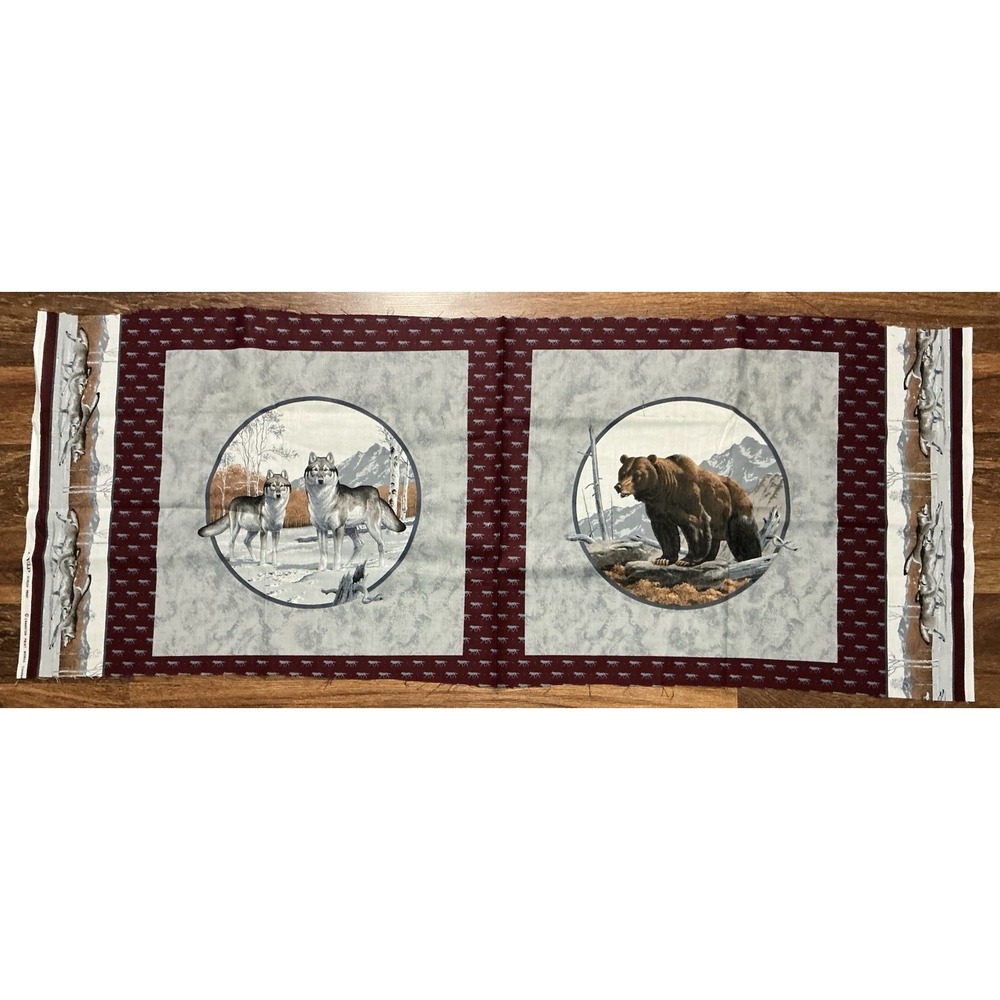 VIP Cranston Print Works Fabric Panels Bear Wolves on Gray Maroon Border
